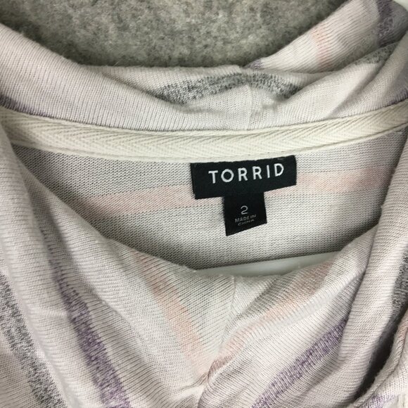 Torrid Top 2 2X Cowl Neck Slim Fit Semi Sheer Striped Beachy Hooded Long Sleeve - Picture 4 of 14